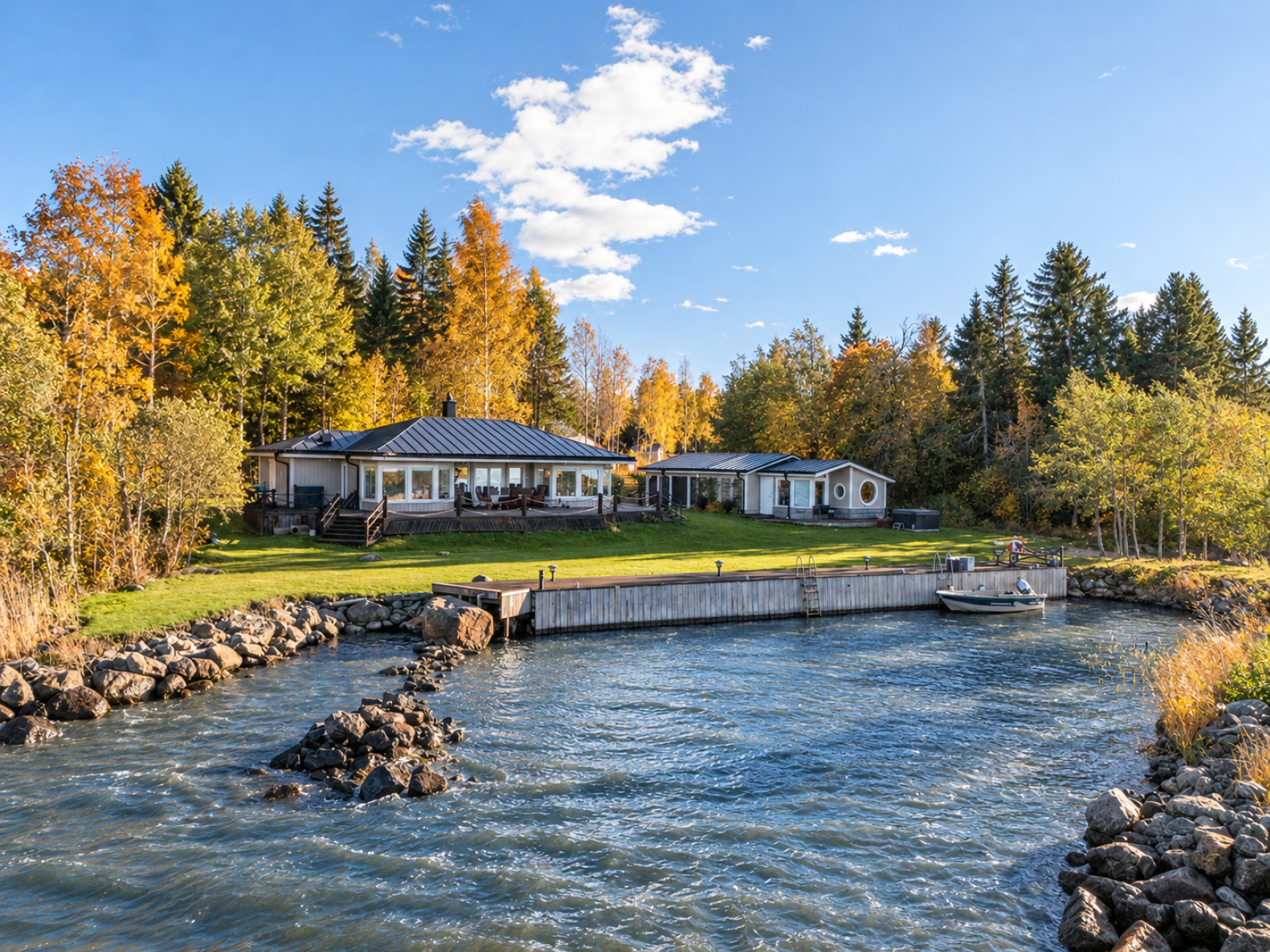 Höstvilla vid klarblått vatten