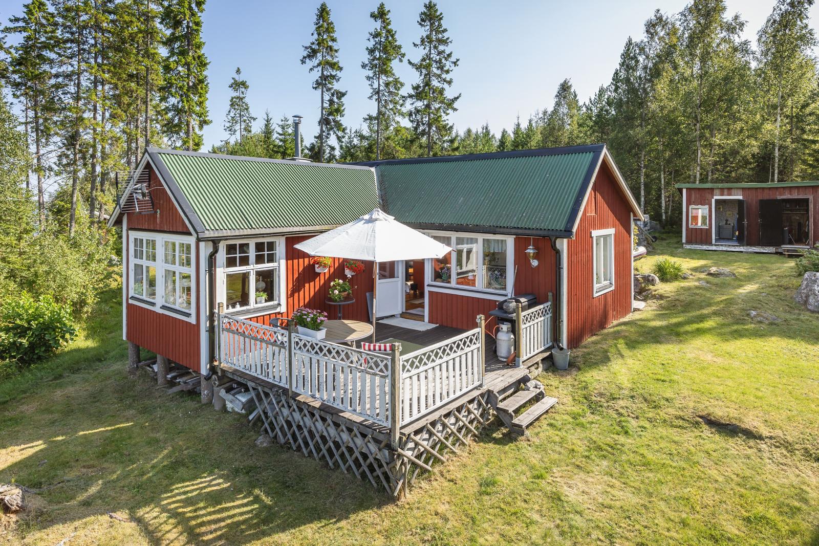 Exteriör, huvudstugan och gästhuset
